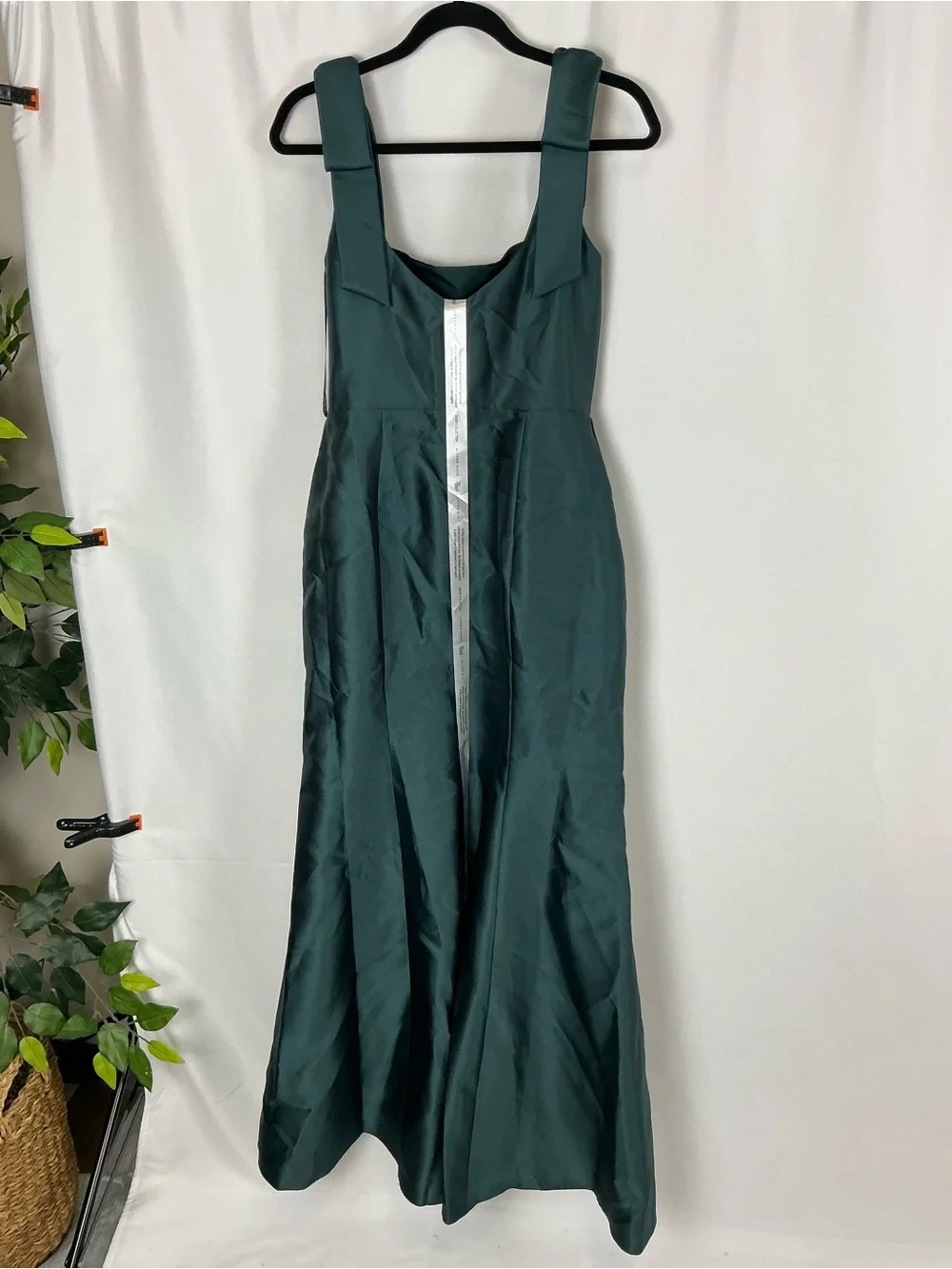 ALFRED SUNG Evergreen Satin Maxi Dress with Bow Shoulder Straps - Picture 5 of 7
